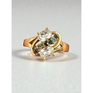 Vintage Gold Tone Ring Clear Oval & Multicolor Stones Filigree I love You Sz8.75